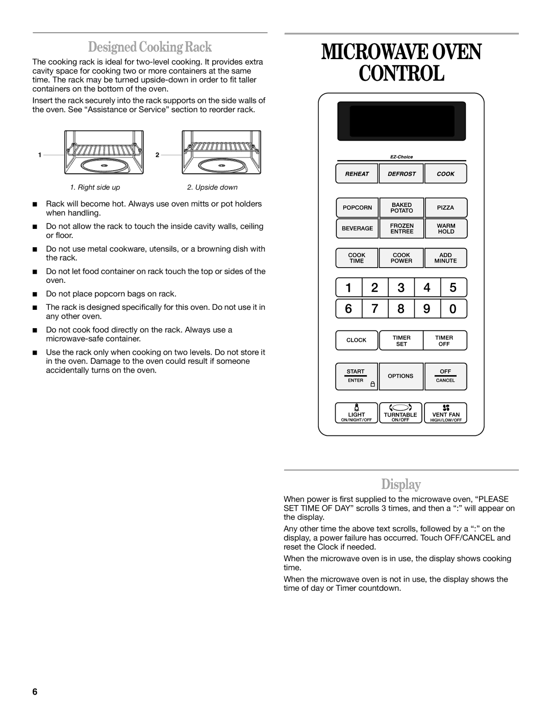 Whirlpool MH6150XL manual Microwave Oven Control, DesignedCooking Rack, Display 