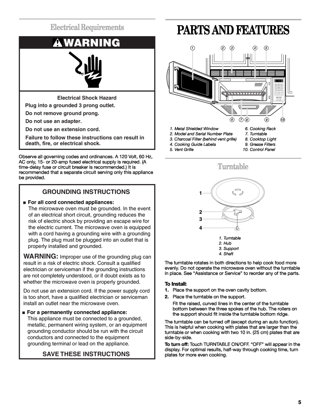 Whirlpool MH6150XL Parts And Features, Electrical Requirements, Turntable, Grounding Instructions, Save These Instructions 