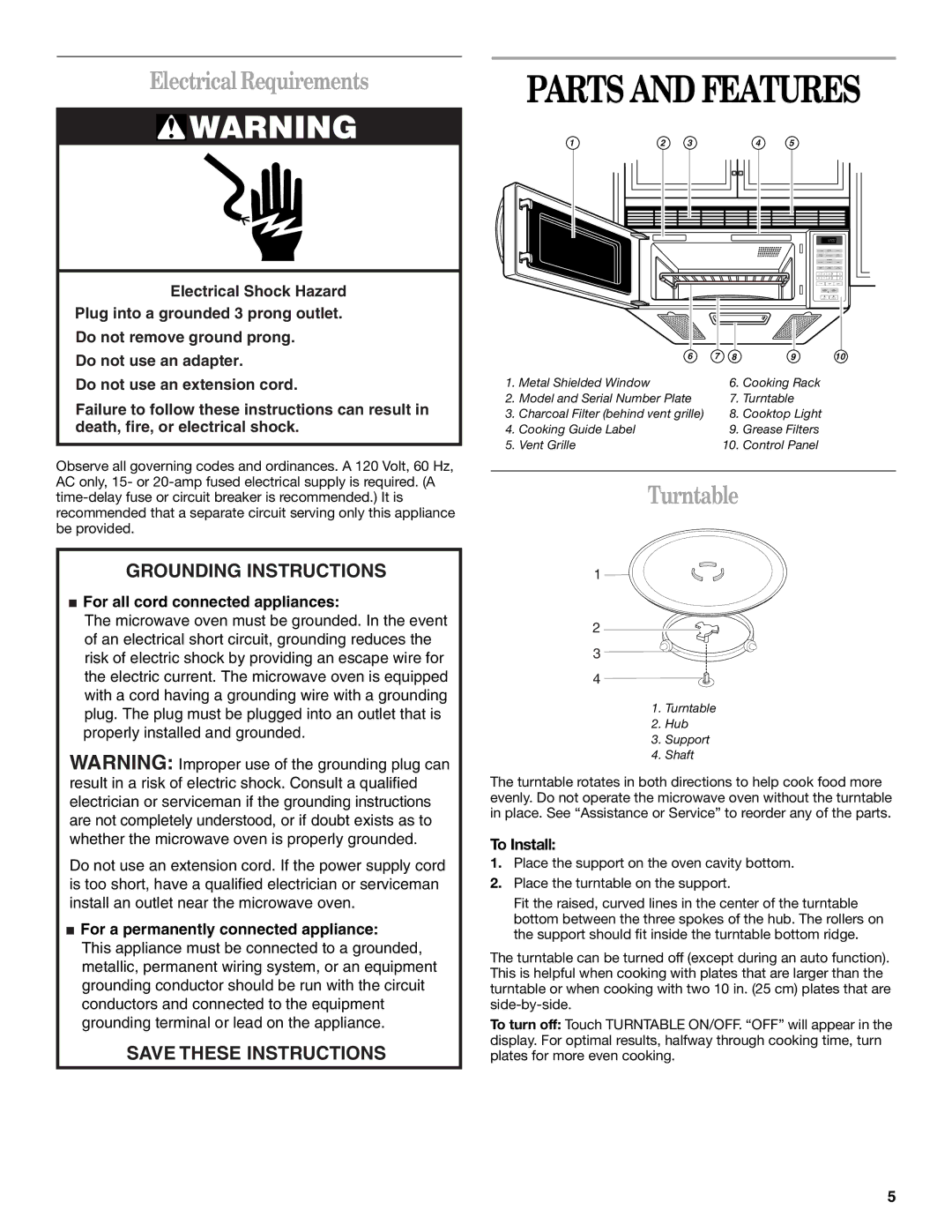 Whirlpool MH6150XM manual Parts and Features, Electrical Requirements, Turntable, To Install 