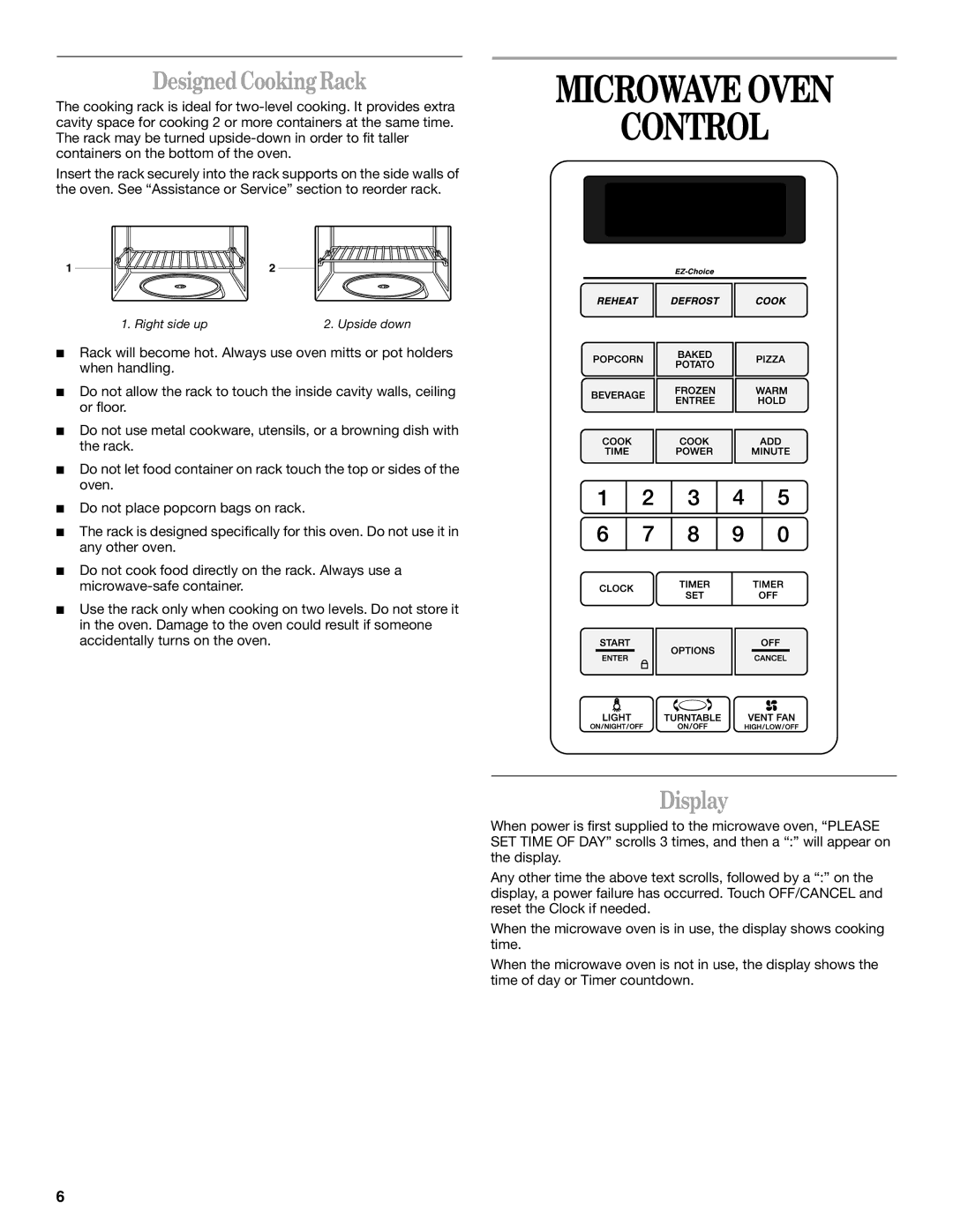 Whirlpool MH6150XM manual Microwave Oven Control, Designed Cooking Rack, Display 