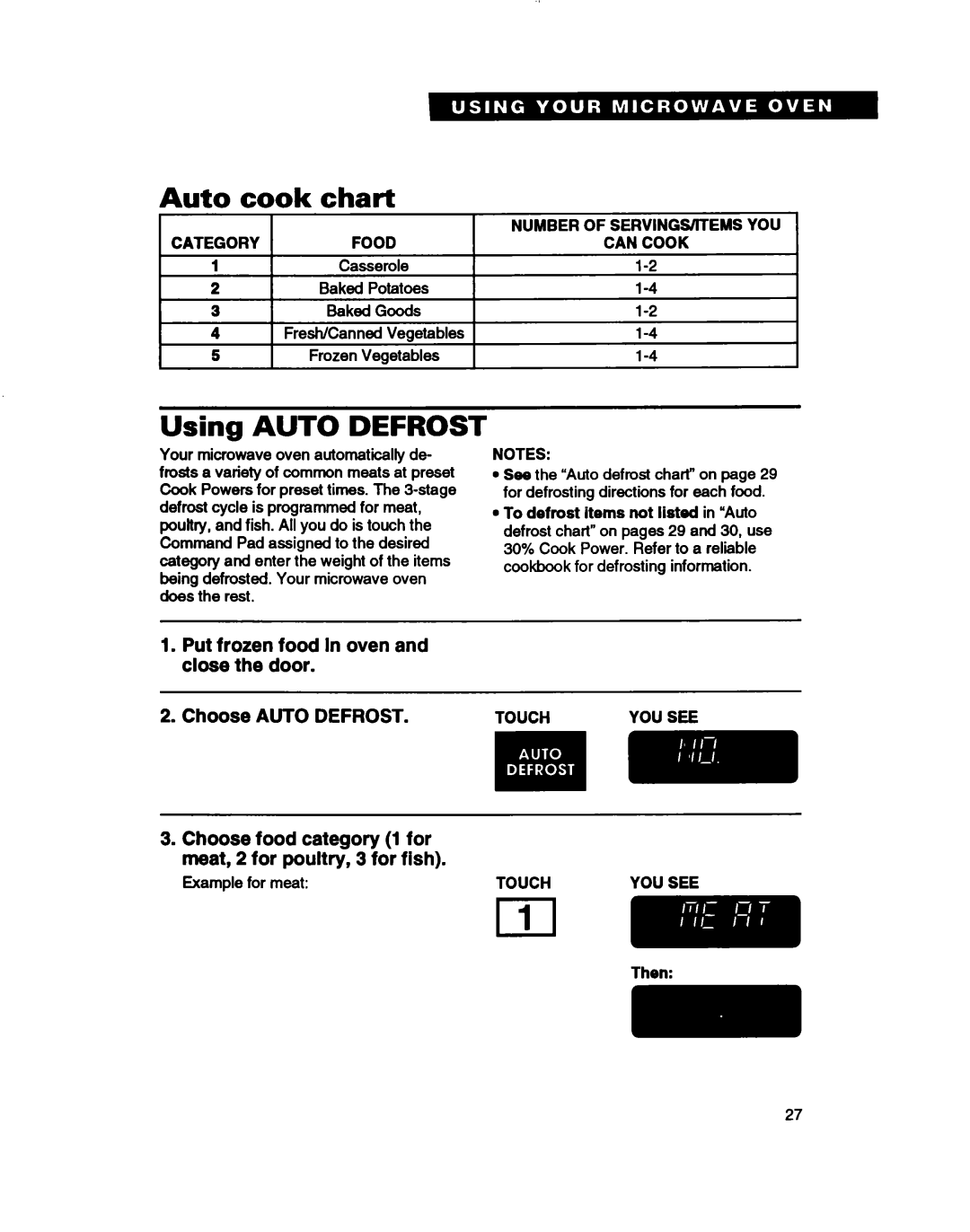 Whirlpool MH61lqXB warranty Auto cook chart, Using Auto Defrost, Category Food, Then 