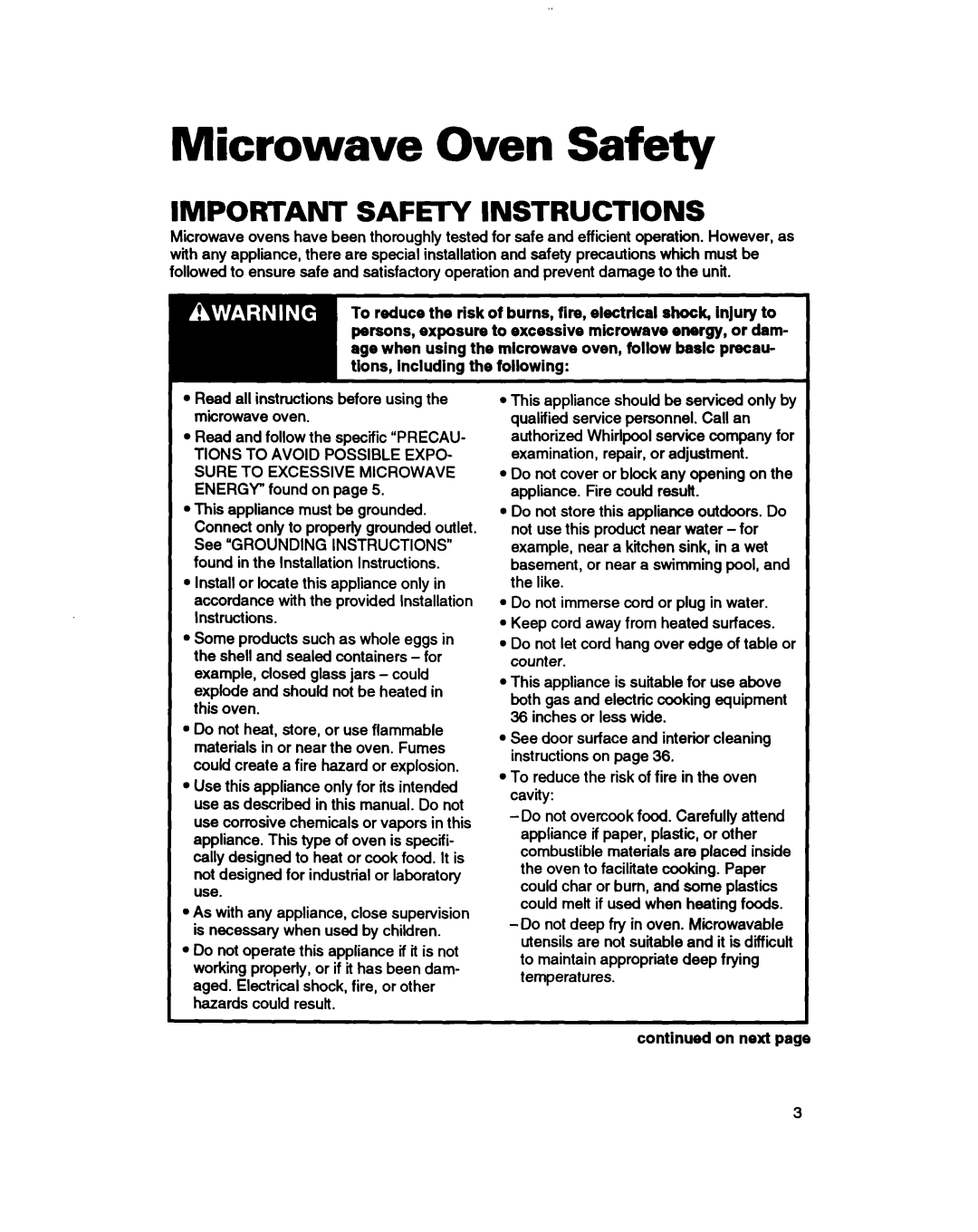 Whirlpool MH61lqXB warranty Microwave Oven Safety, Important SAFEl-Y Instructions, On next 