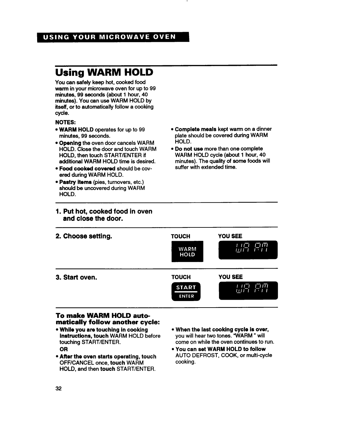 Whirlpool MH61lqXB warranty Using Warm Hold, To make Warm Hold auto- matically follow another cycle 