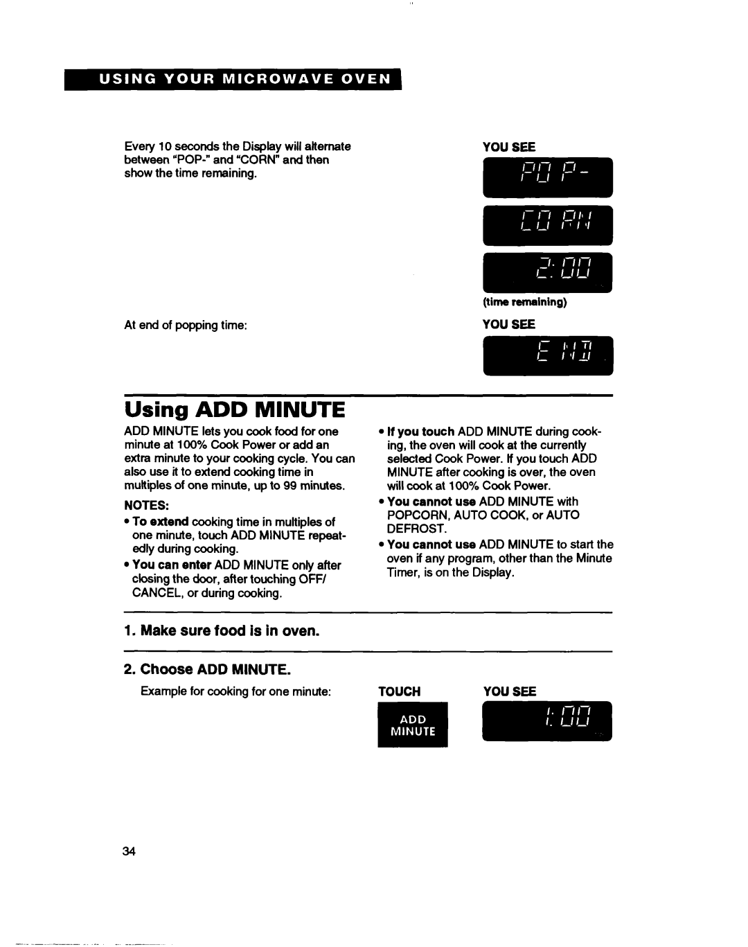 Whirlpool MH61lqXB warranty Using ADD Minute 