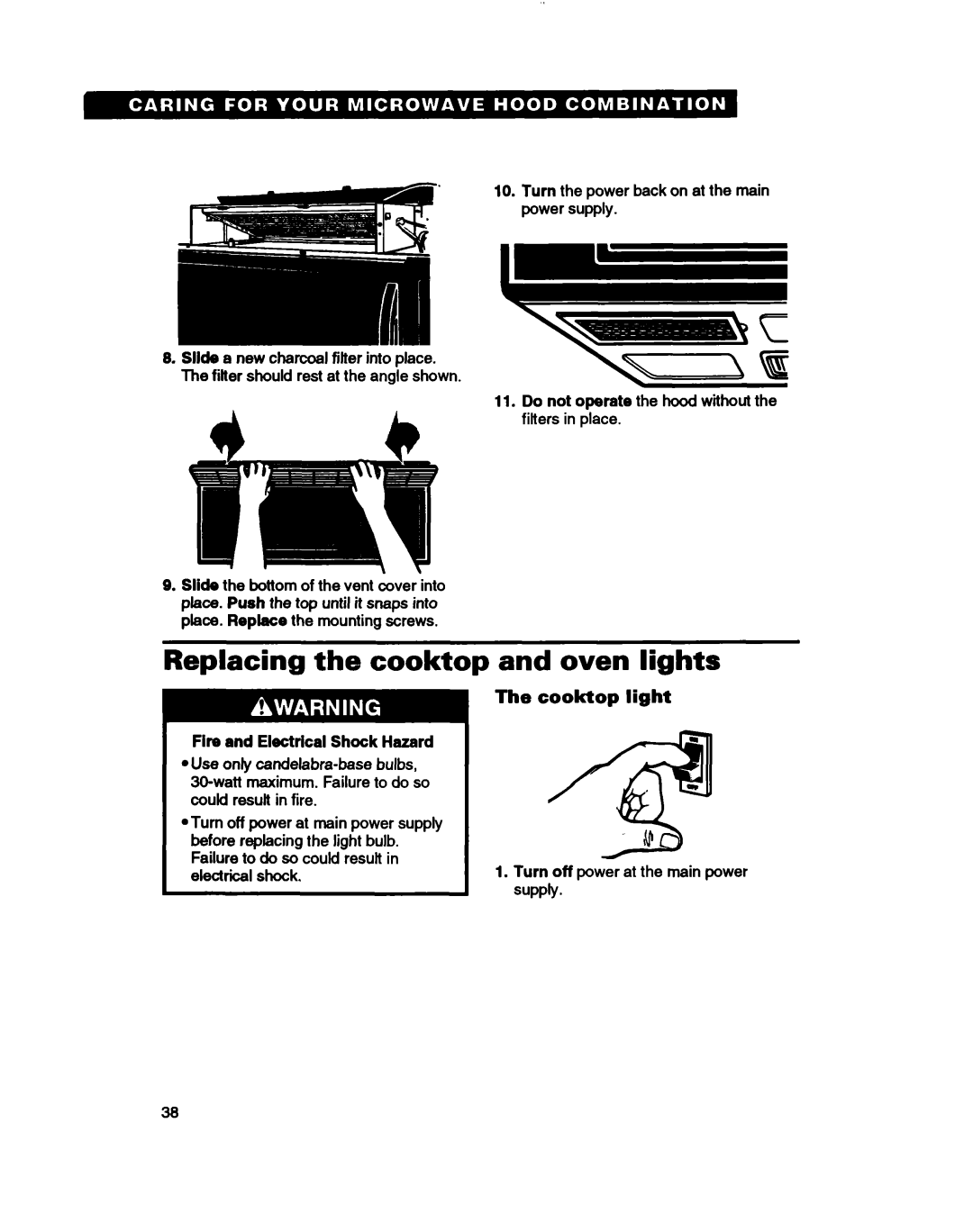 Whirlpool MH61lqXB warranty Replacing the cooktop, Oven lights, Cooktop light, Fire and Electrical Shock Hazard 