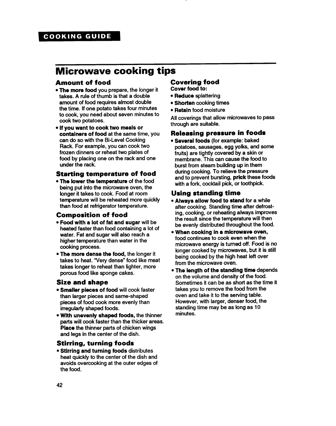 Whirlpool MH61lqXB warranty Microwave cooking tips 