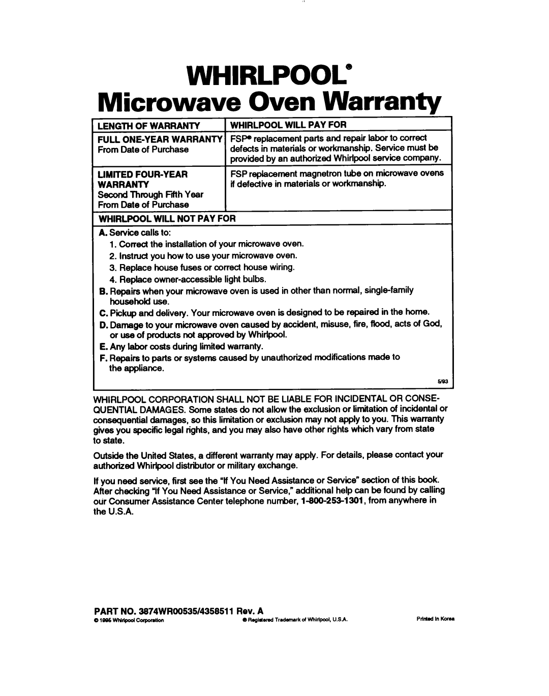 Whirlpool MH61lqXB warranty Whirlpool, Microwave Oven Warranty 