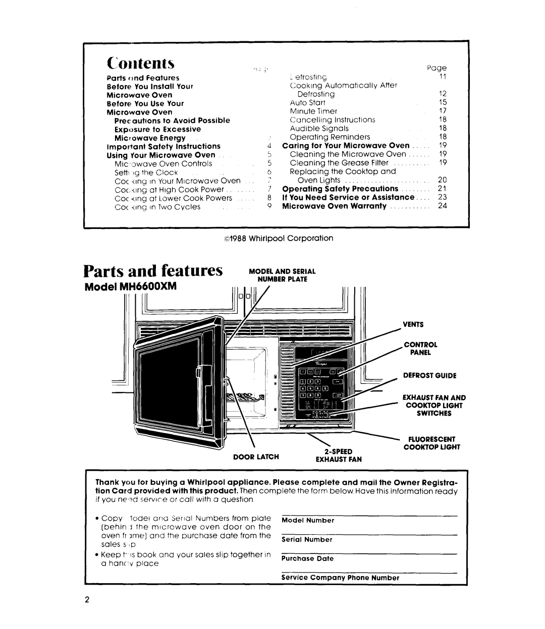 Whirlpool manual Parts and features, Model MH6600XM 