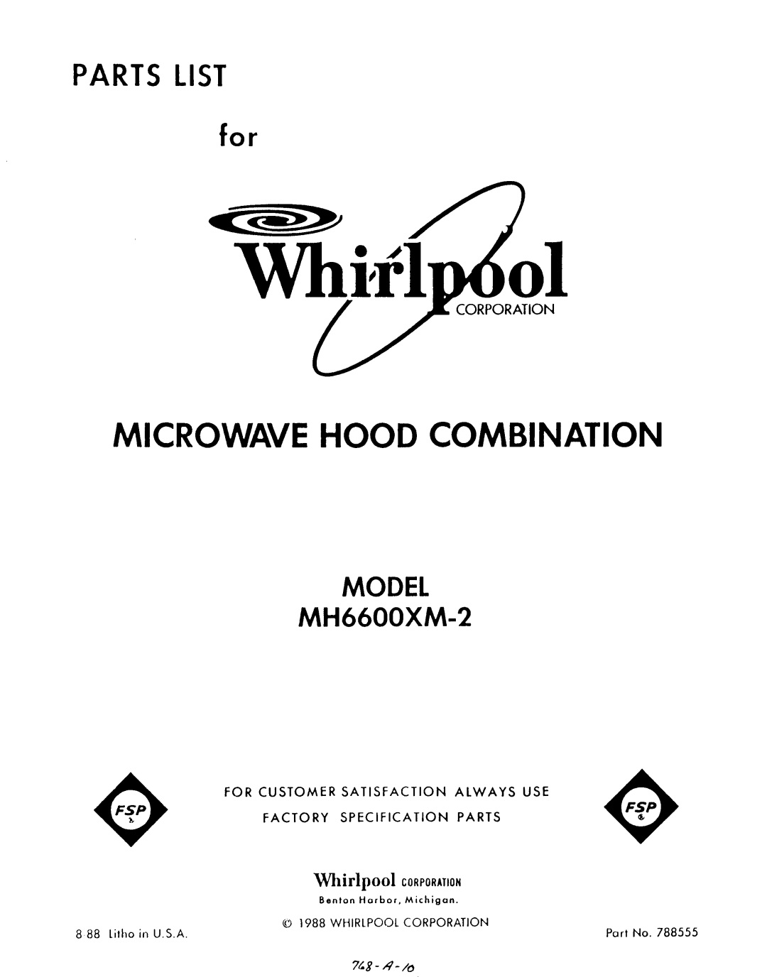 Whirlpool MH6600XM2 manual 