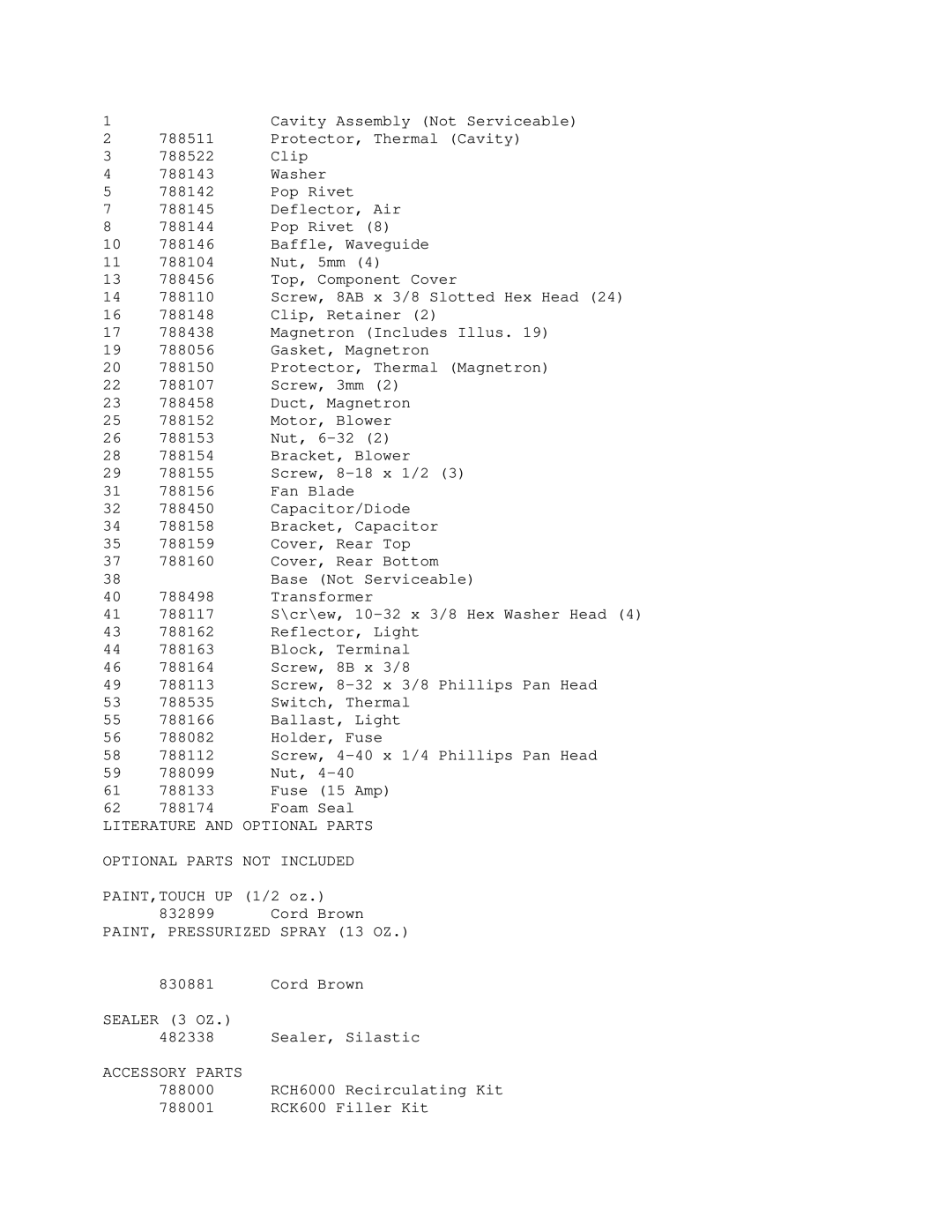 Whirlpool MH6600XM2 manual Literature and Optional Parts Optional Parts not Included 