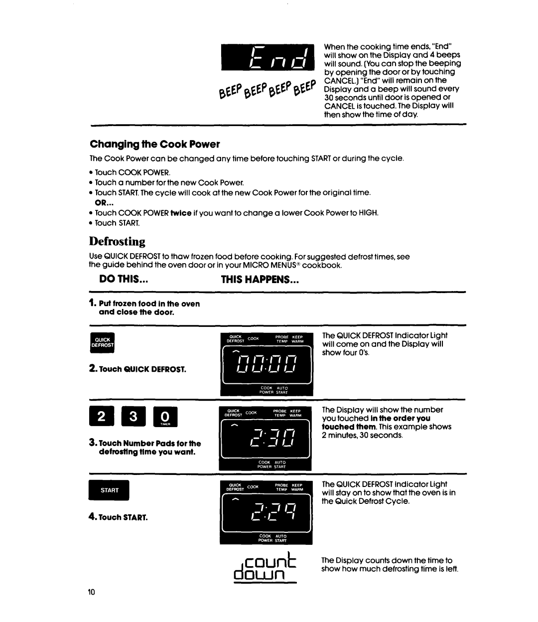 Whirlpool MH6600XV, MH6600XW manual Defrosting, Changing the Cook Power, Put frozen food in the oven and close the door 