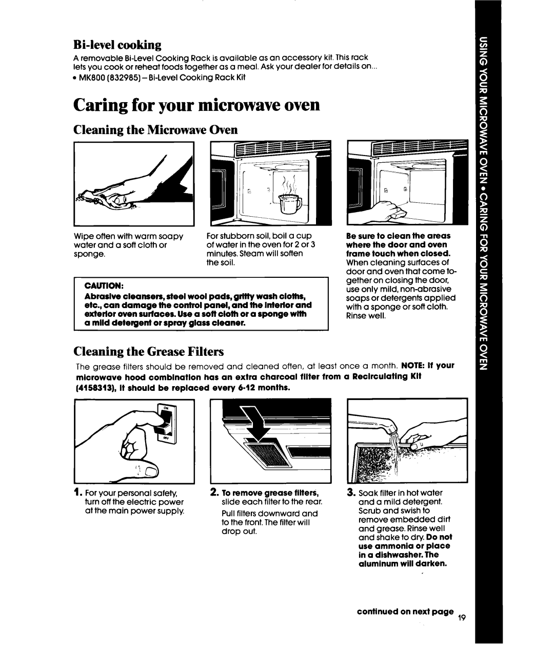 Whirlpool MH6600XW, MH6600XV manual Caring for your microwave oven, Bi-level cooking, Cleaning the Microwave Oven 