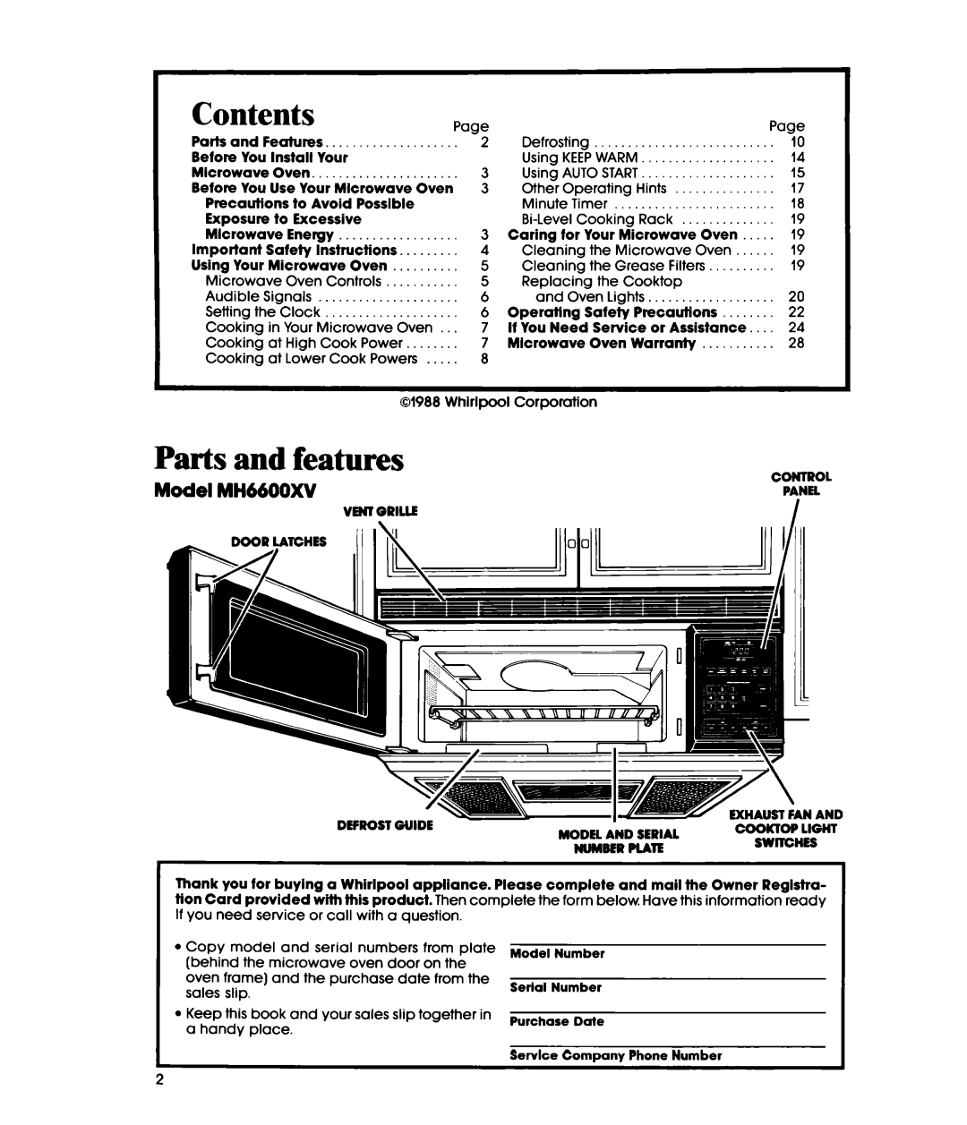 Whirlpool MH6600XV, MH6600XW manual Parts and features, Contents 