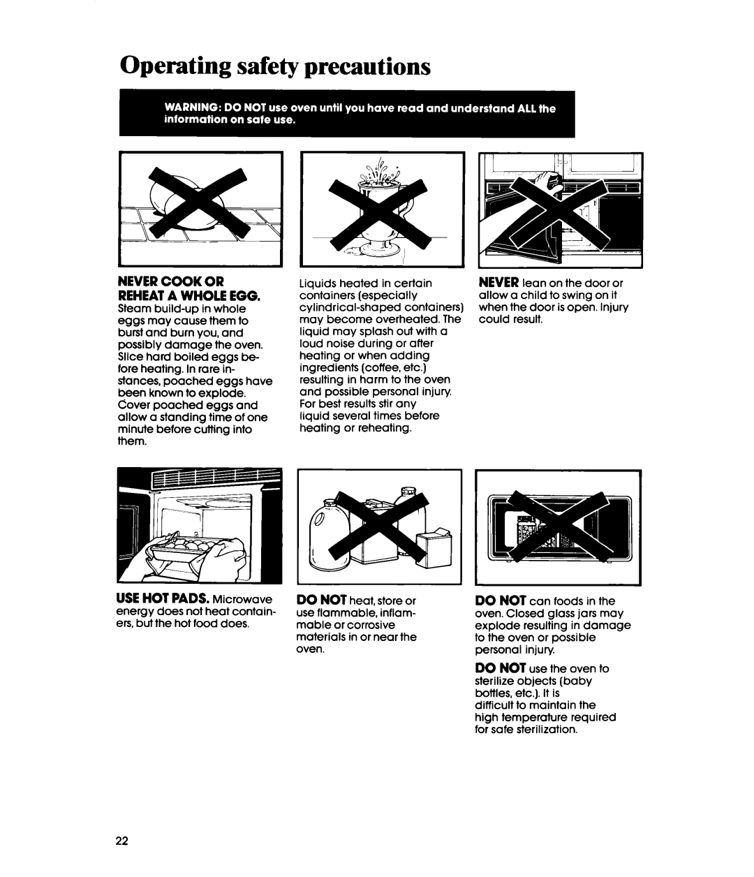 Whirlpool MH6600XV, MH6600XW manual Operating safety precautions, Never Cook or Reheat a Whole EGG 