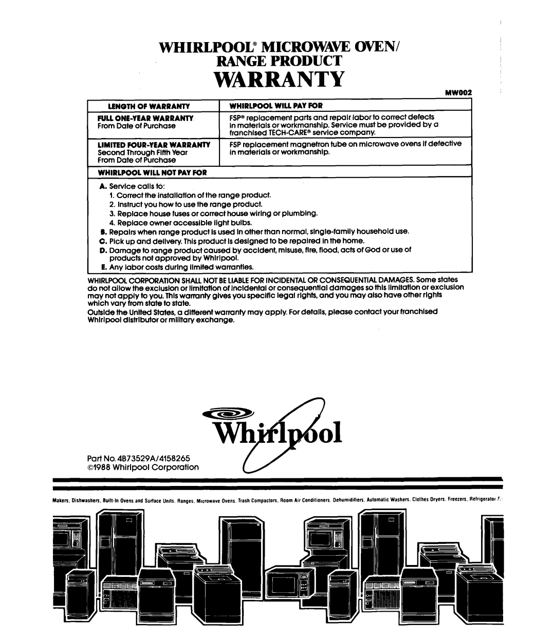 Whirlpool MH6600XV, MH6600XW manual Warranty 