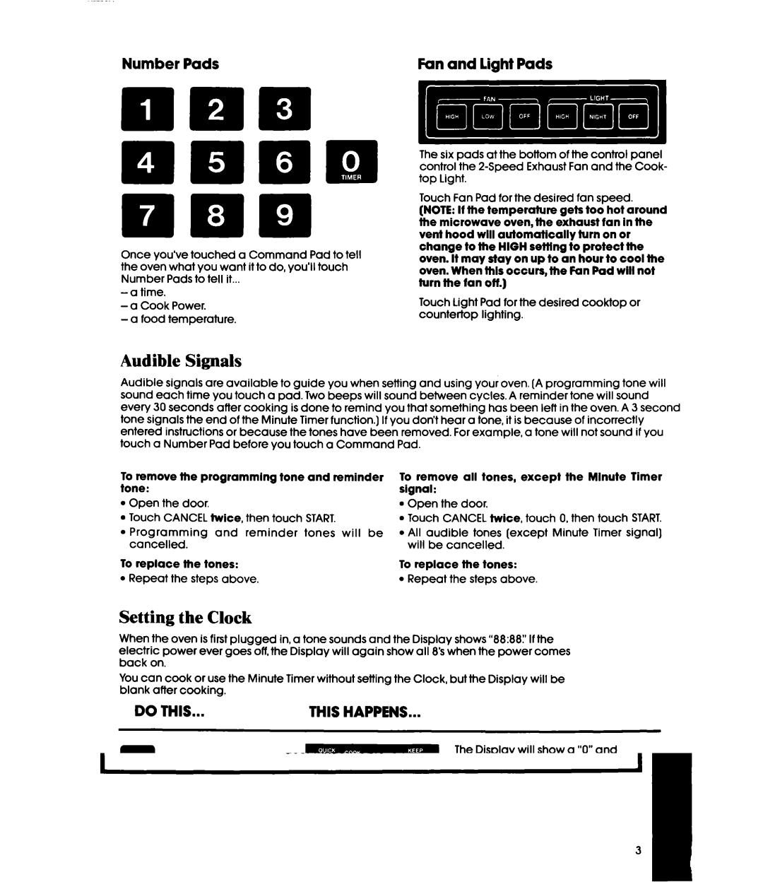 Whirlpool MH6600XV, MH6600XW manual Audible Signals, Setting the Clock, Fan and light Pads, Tones, Touch Clock SET 