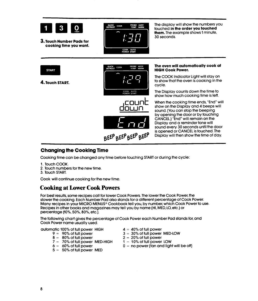 Whirlpool MH6600XV Cooking at Lower Cook Powers, Changing the Cooking Time, Touch Number Pads for cooking time you want 