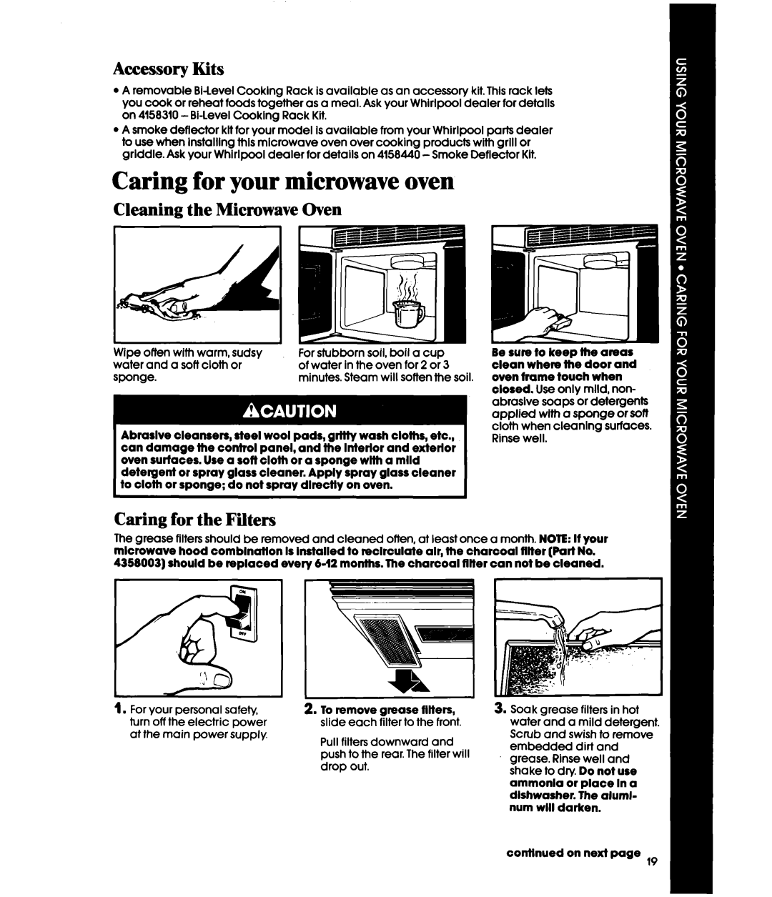 Whirlpool MH6600XWl Caring for your microwave oven, Accessory Kits, Cleaning the Microwave Oven, Caring for the Filters 