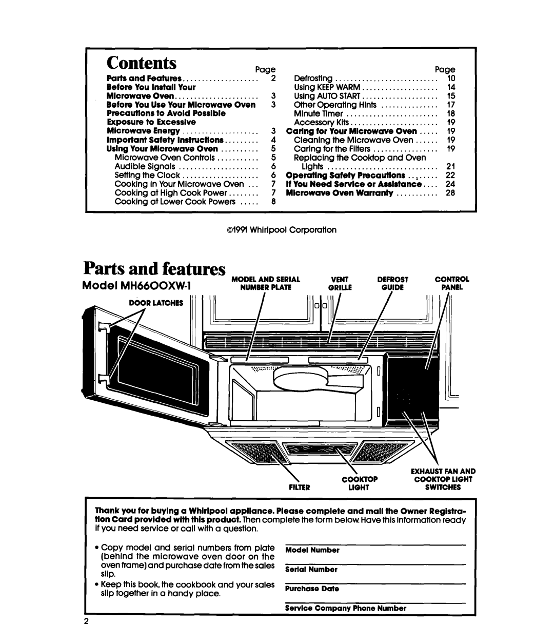 Whirlpool MH66OOXXO, MH6600XWl manual Contents, Parts and features 