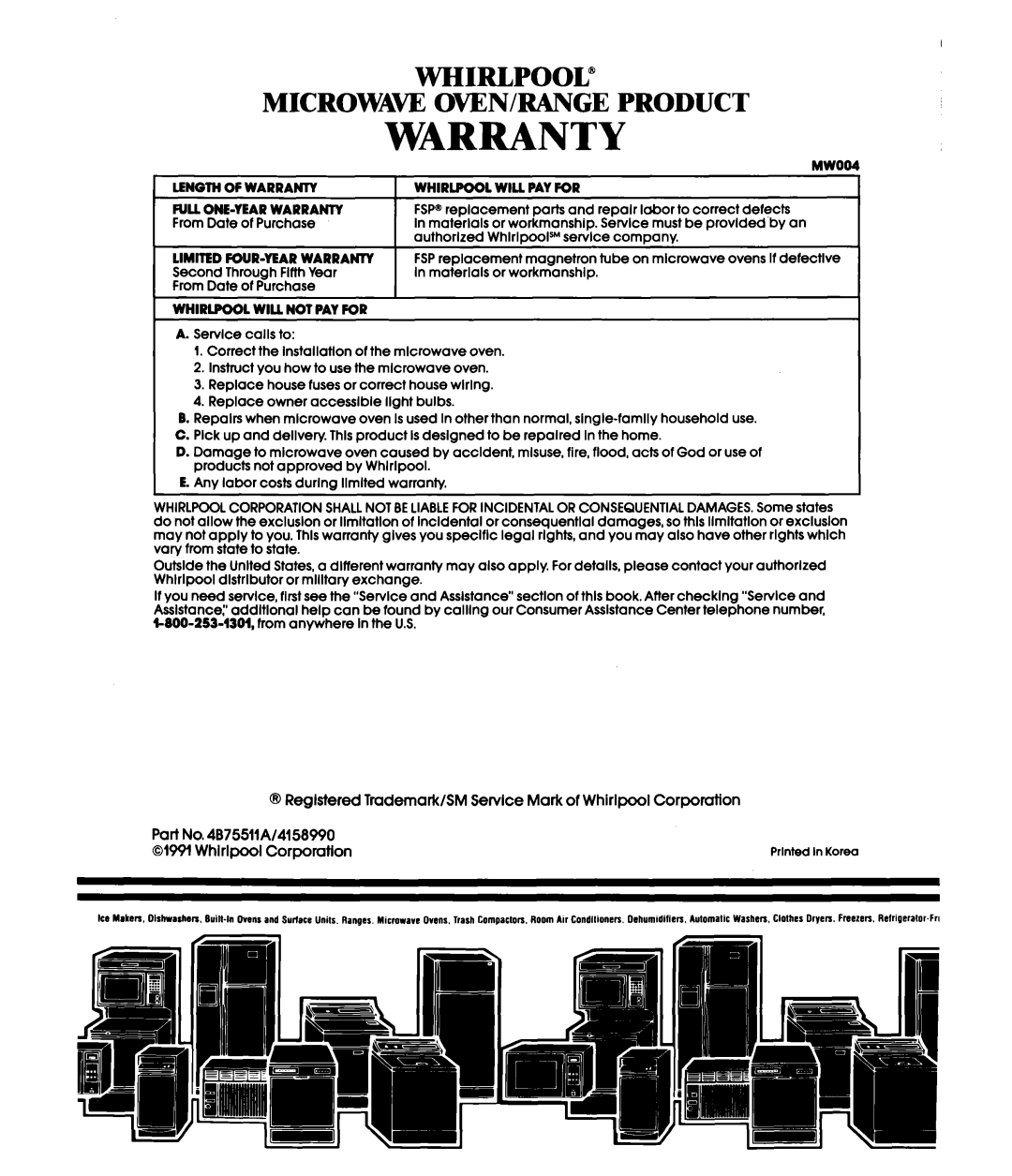 Whirlpool MH66OOXXO, MH6600XWl manual Warranty 