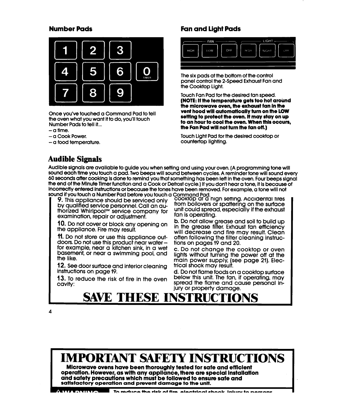 Whirlpool MH66OOXXO, MH6600XWl manual Audible Signals, Setting the Clock, Number Pads Fan and light Pads 