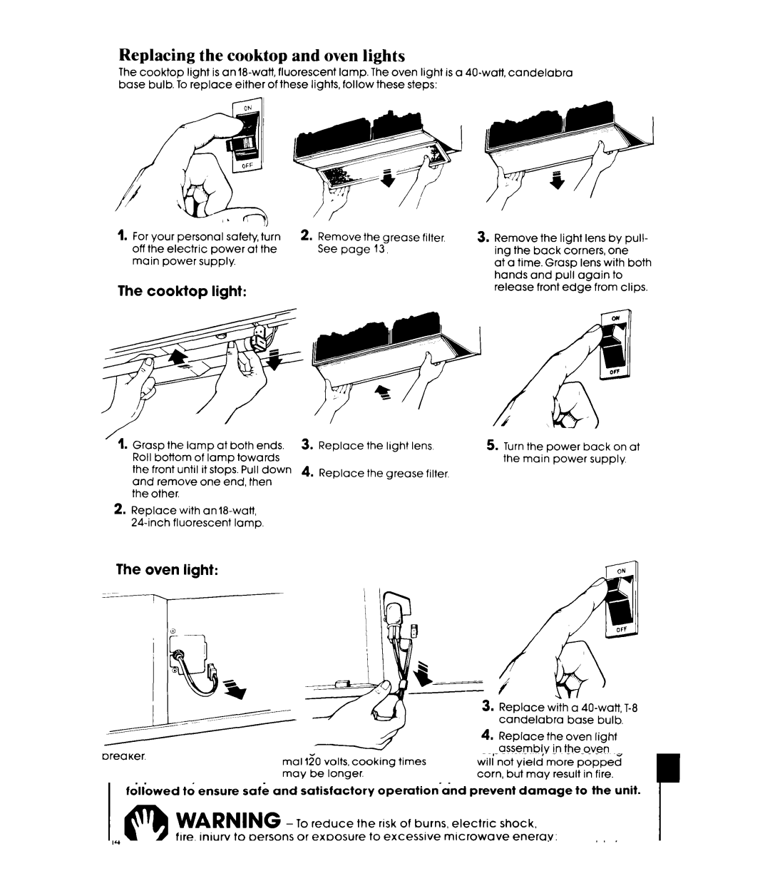 Whirlpool MH6700XM manual Replacing the cooktop and oven lights, Cooktop light, Oven light 