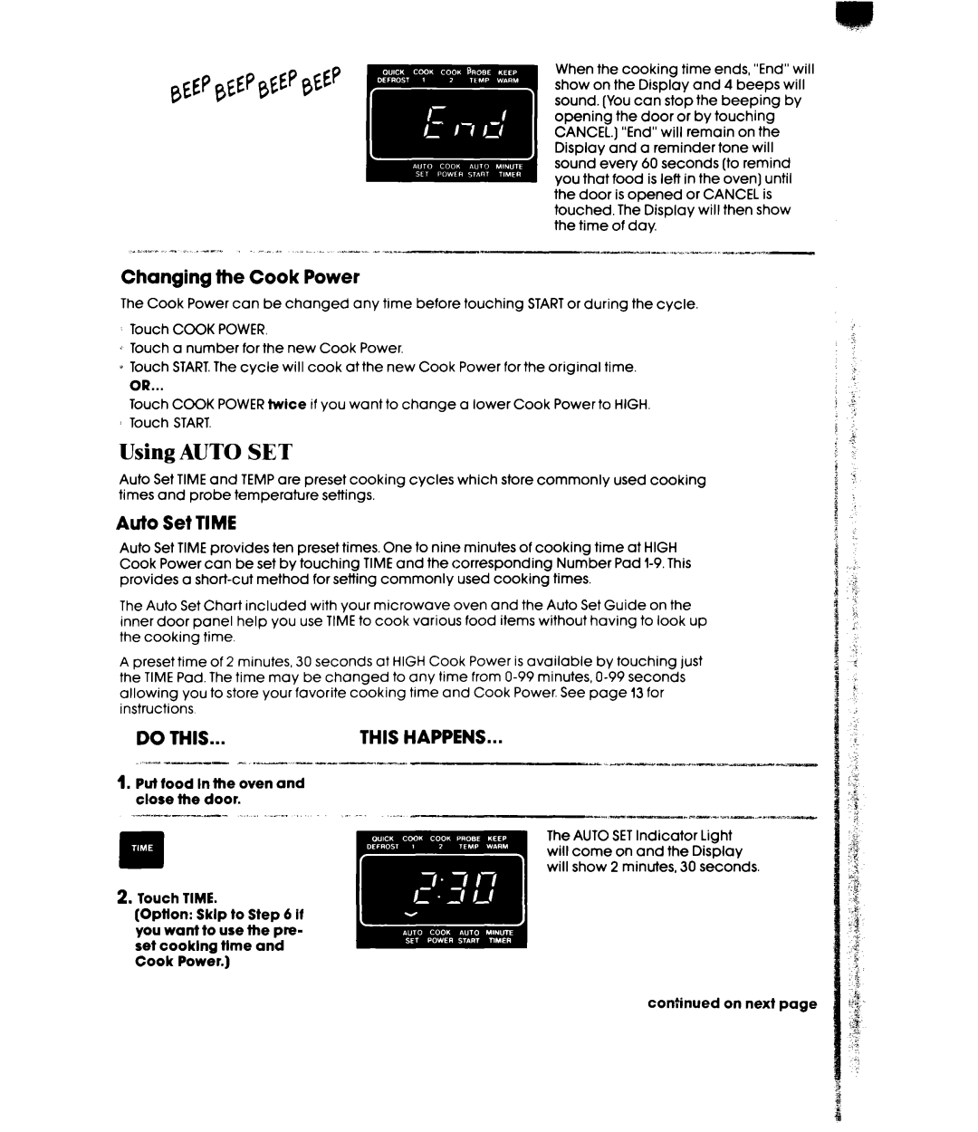 Whirlpool MH6700XW, MH6701XW manual Using Auto SET, Changing the Cook Power, Auto Set Time 