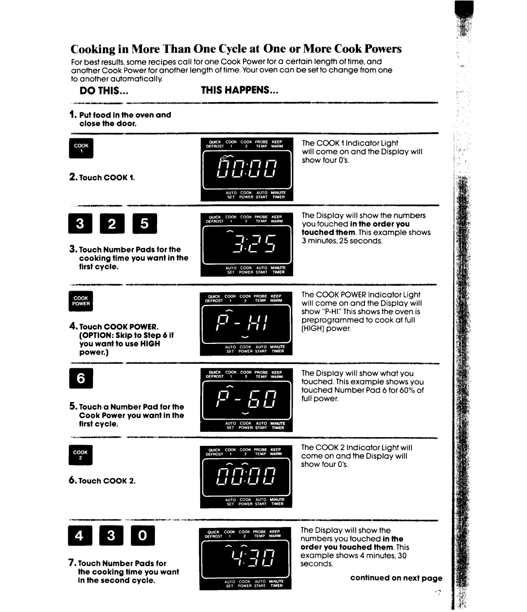 Whirlpool MH6700XW, MH6701XW manual Cooking in More Than One Cycle at One or More Cook Powers 