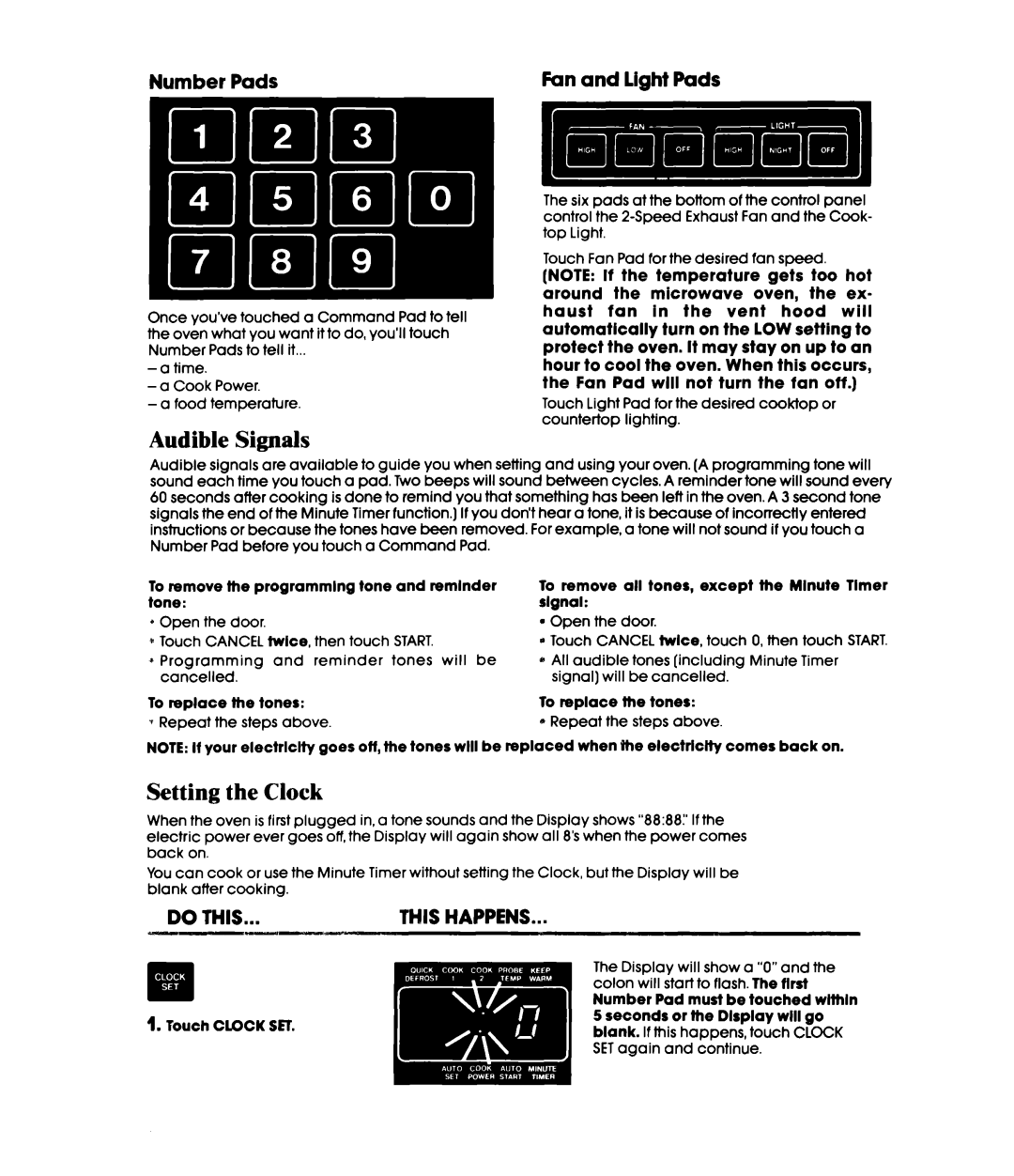 Whirlpool MH6700XW, MH6701XW manual Audible Signals, Setting the Clock, Number Pads Fan and light Pads 