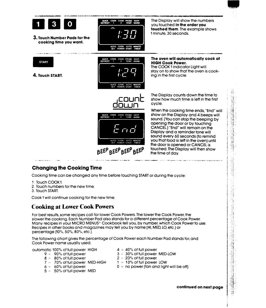 Whirlpool MH6700XW, MH6701XW manual Count dQWll, Cooking at Lower Cook Powers, Changing the Cooking Time 