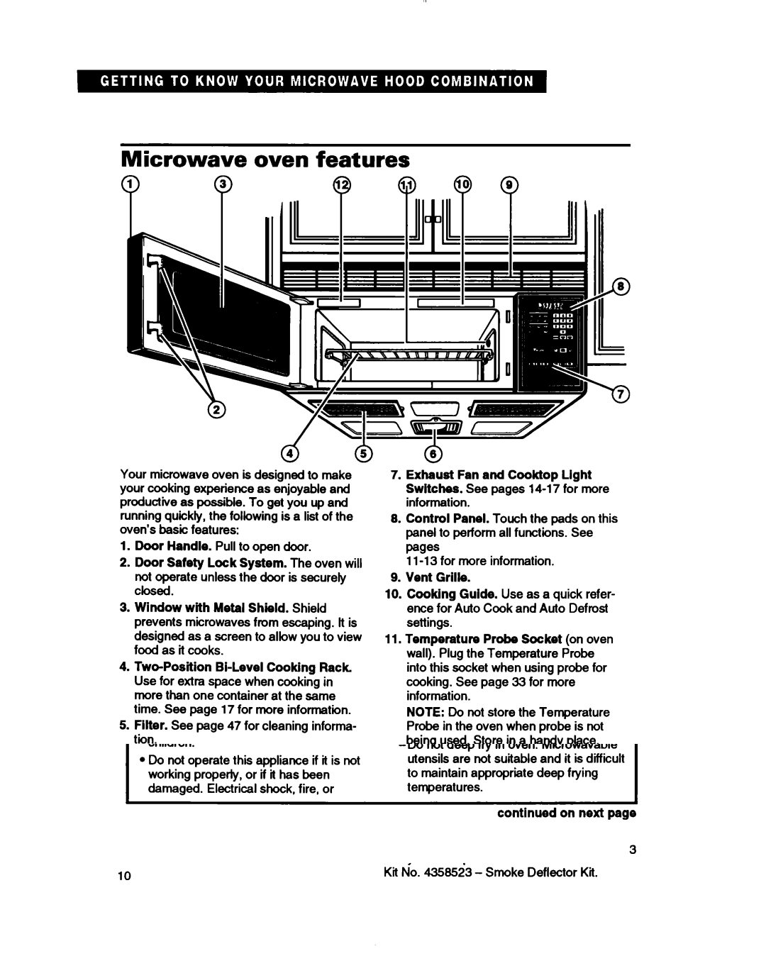 Whirlpool MH7110XB warranty Microwave oven features, Smoke Deflector, Kit 