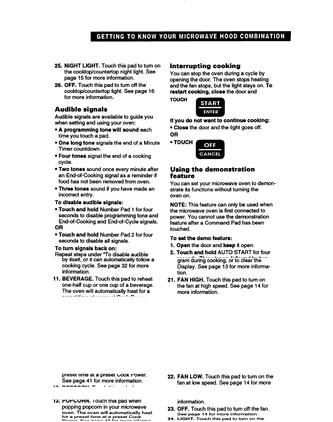 Whirlpool MH7110XB warranty Interrupting cooking, Audible signals, Using the demonstration feature 