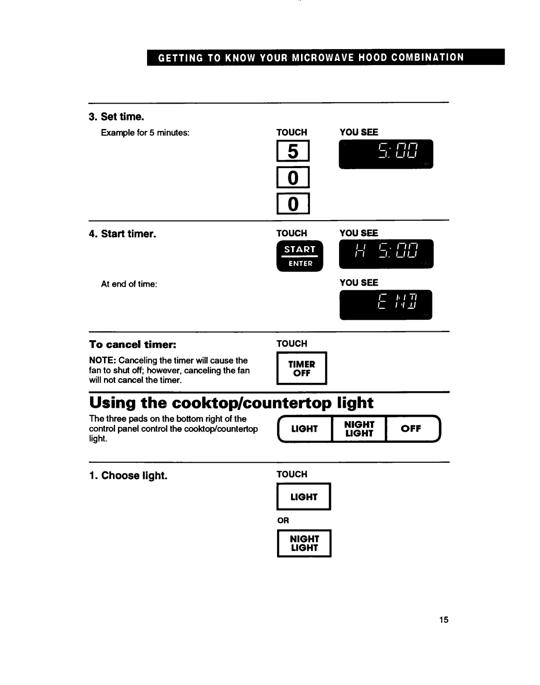 Whirlpool MH7110XB warranty Using the cooktop/countertop light, Set time, Start timer, Choose light, To cancel timer 