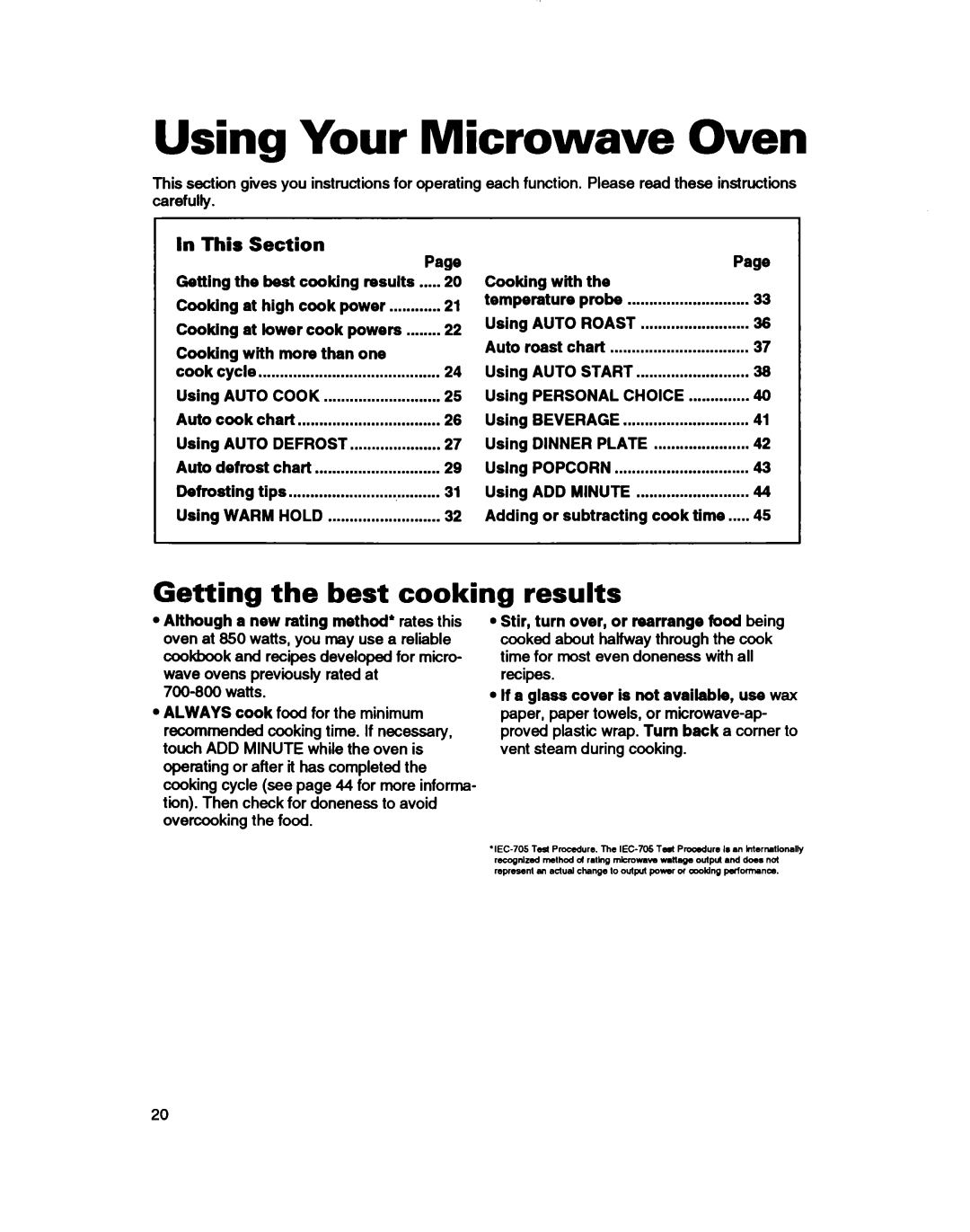 Whirlpool MH7110XB warranty Using Your Microwave Oven, Getting the best cooking results 