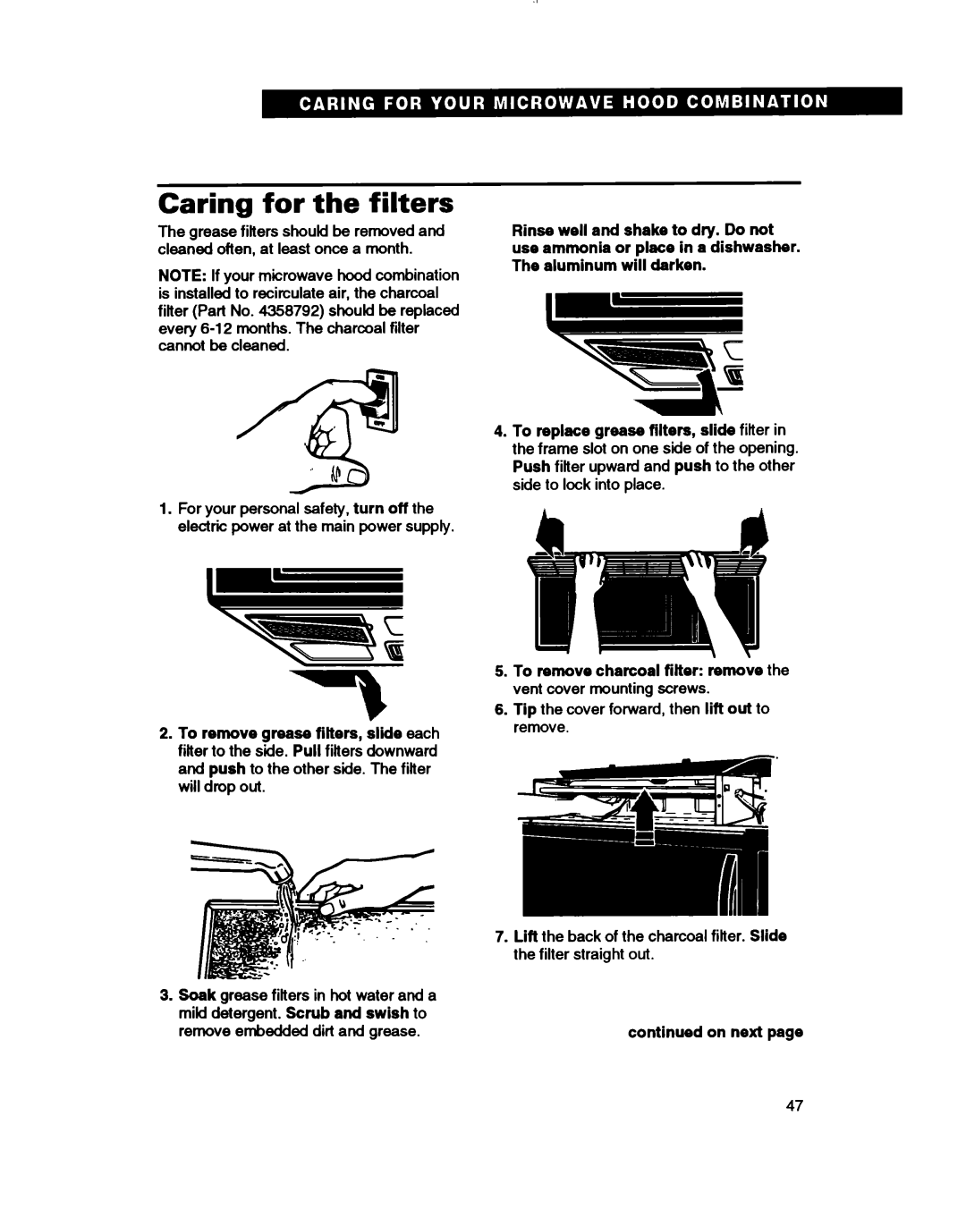 Whirlpool MH7110XB warranty Caring for the filters, On next 