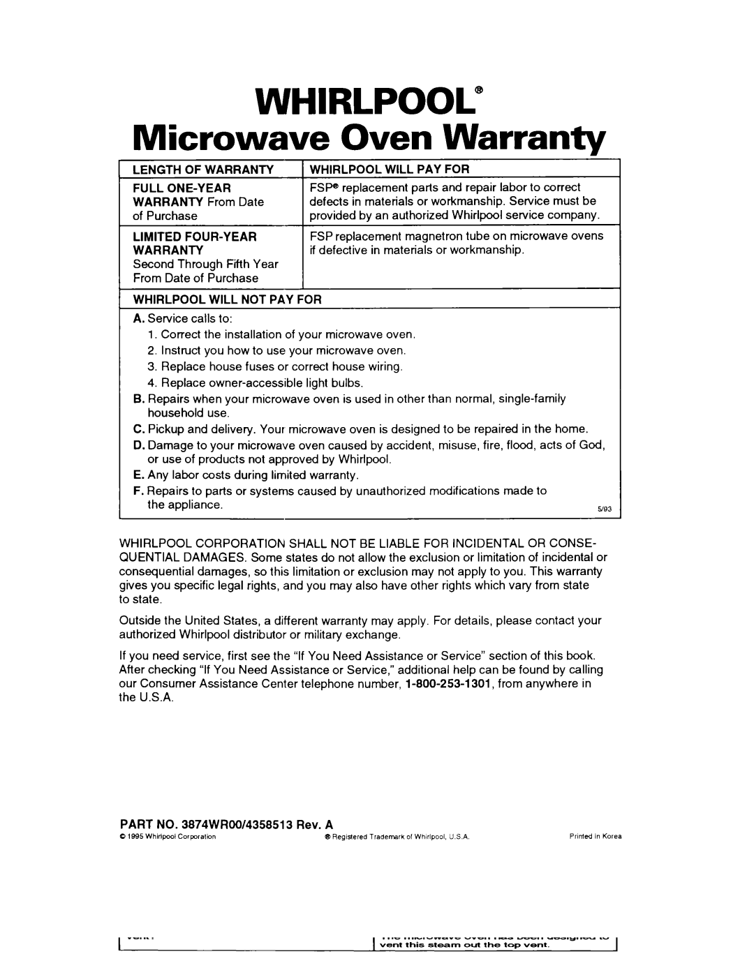 Whirlpool MH7110XB warranty Whirlpool 