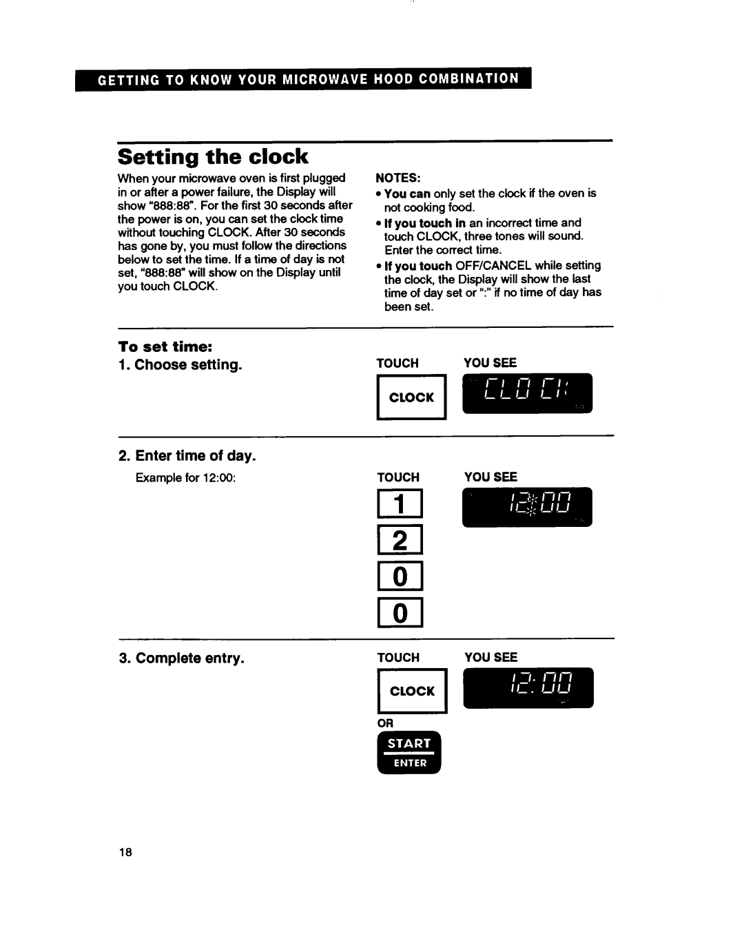 Whirlpool MH7110XB warranty Setting the clock, Choose setting, Enter time of day, Complete entry, To set time 