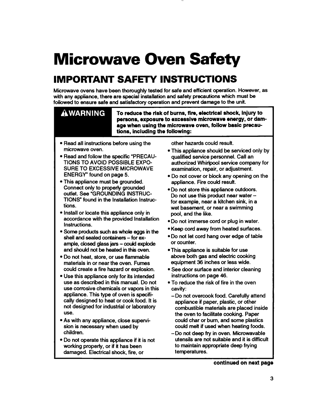 Whirlpool MH7110XB warranty Microwave Oven Safety, Important Safety Instructions 