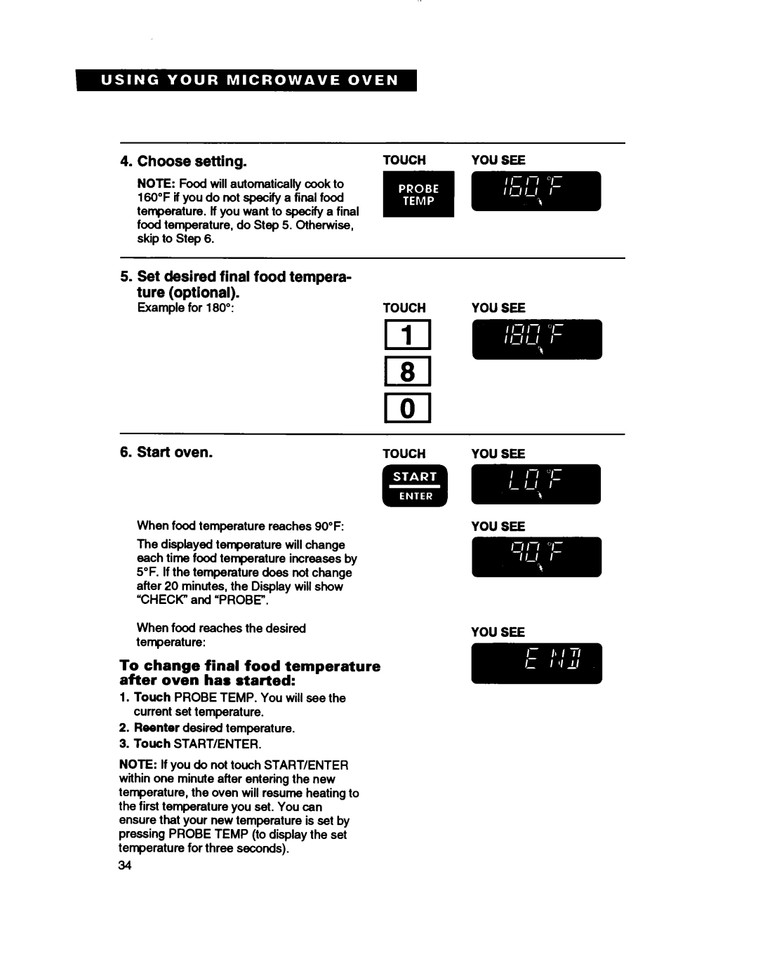 Whirlpool MH7110XB warranty Choose setting, Set desired final food tempera- ture optional, Start oven 