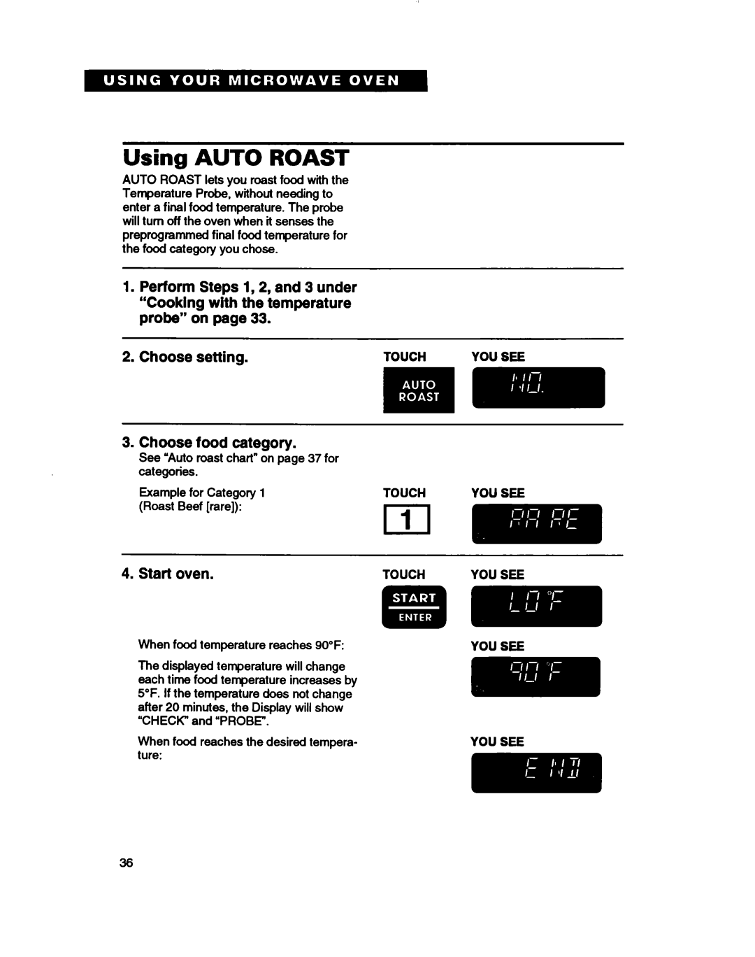 Whirlpool MH7110XB warranty Using AUTO ROAST, Choose setting 3.Choose food category, Start oven 