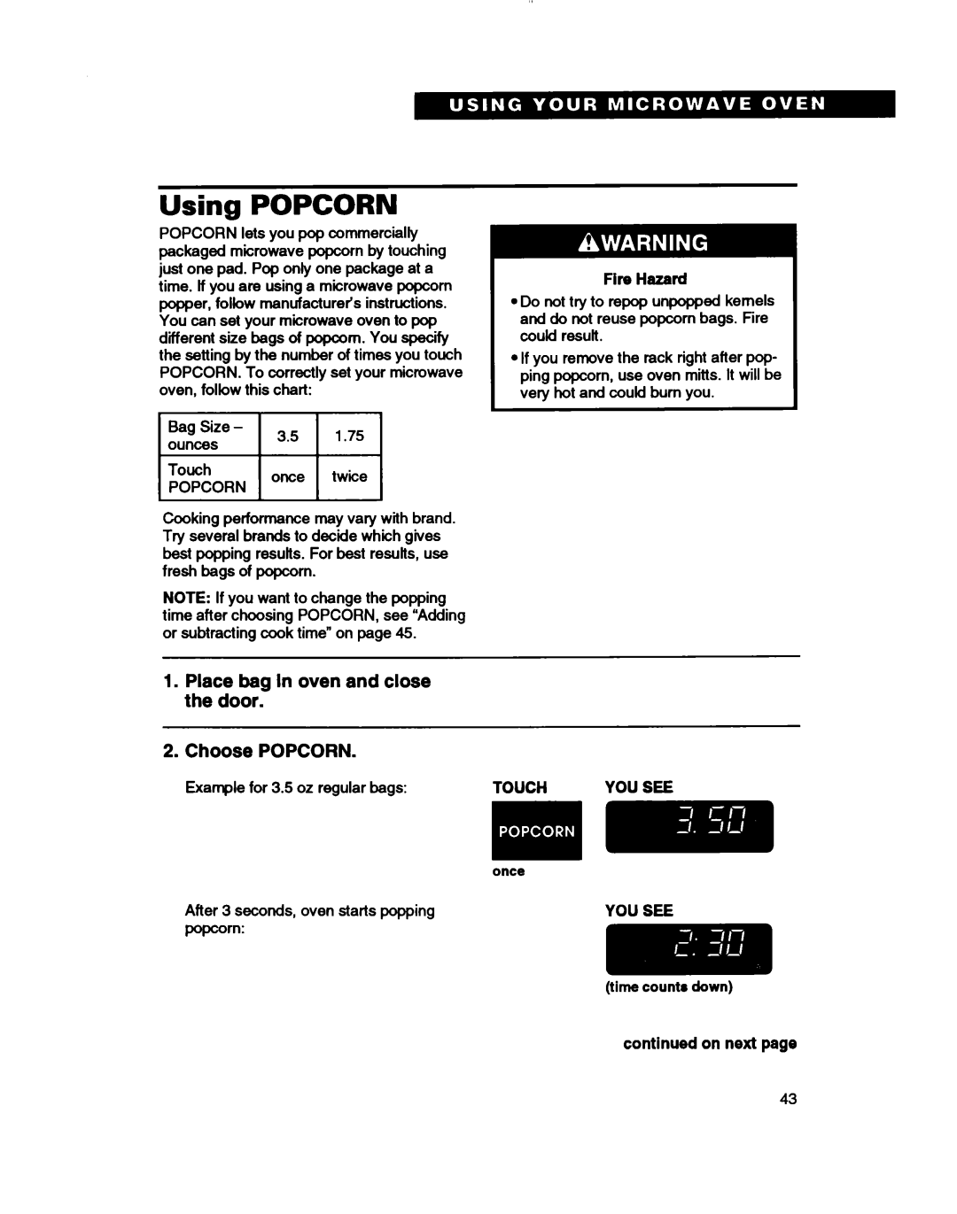 Whirlpool MH7110XB warranty Using POPCORN, Place bag In oven and close the door, Choose POPCORN 