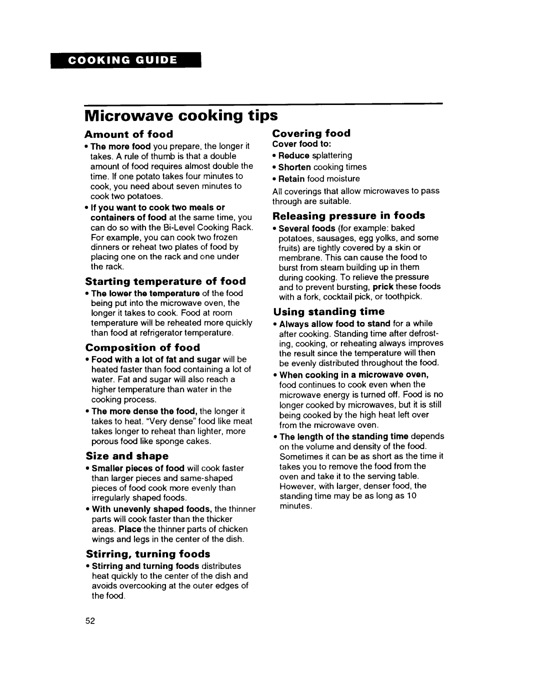 Whirlpool MH7110XB warranty Microwave cooking tips, Amount of food, Starting temperature of food, Composition of food 
