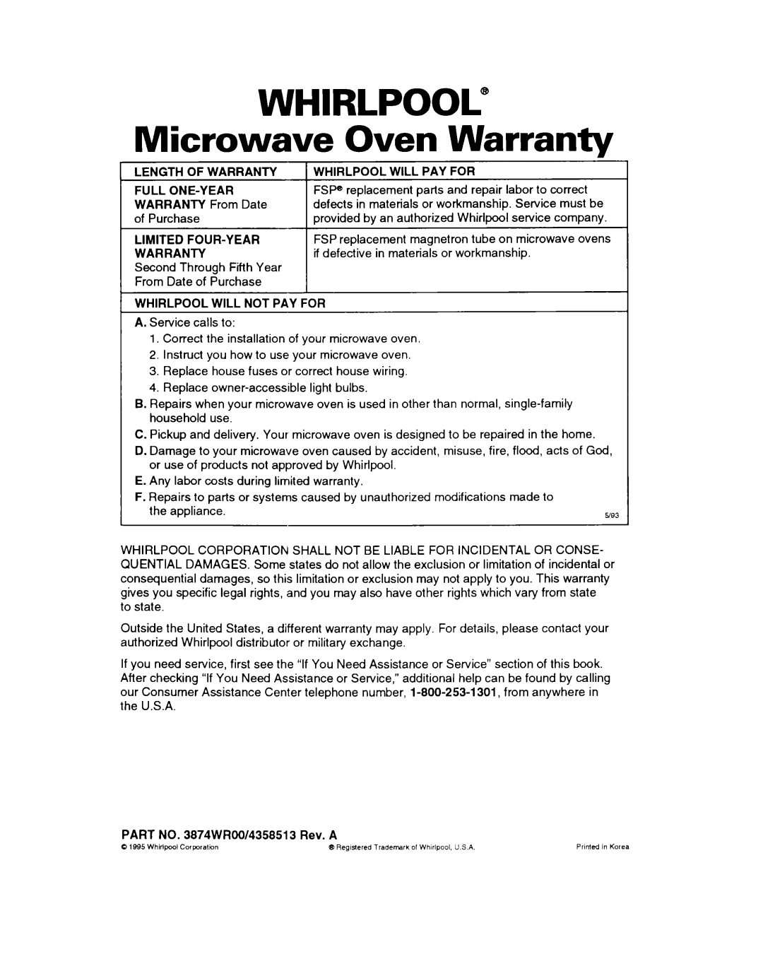 Whirlpool MH7110XB warranty Whirlpool”, Microwave Oven Warranty 