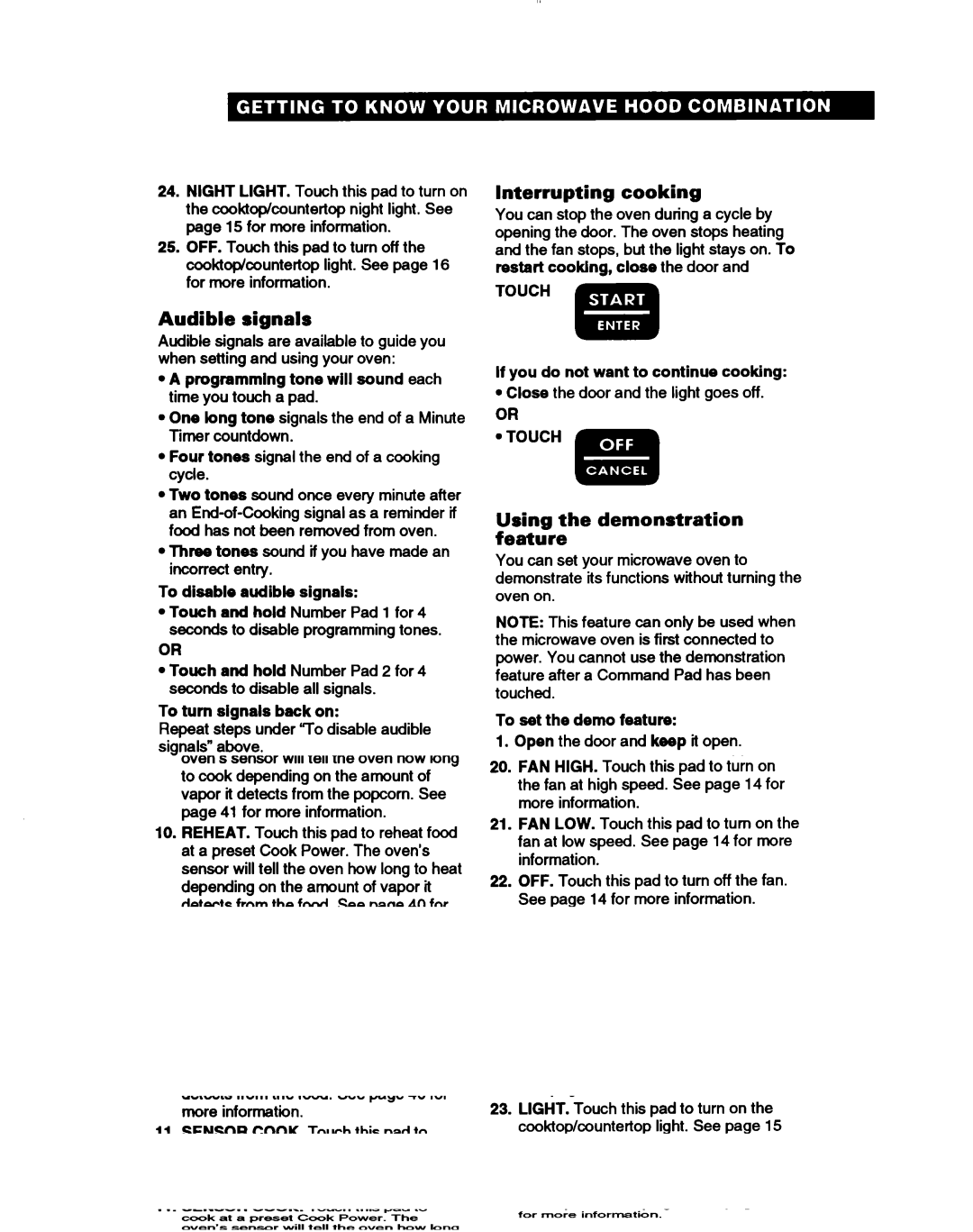 Whirlpool MH7115XB warranty Interrupting cooking, Audible signals, Using the demonstration feature 