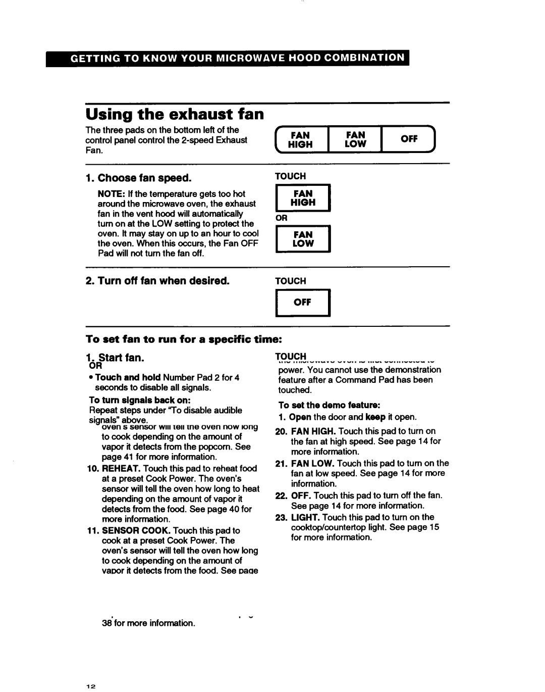 Whirlpool MH7115XB warranty Using the exhaust fan, To set fan to run for a specific time, Touch OFF, Timer l-lSET 