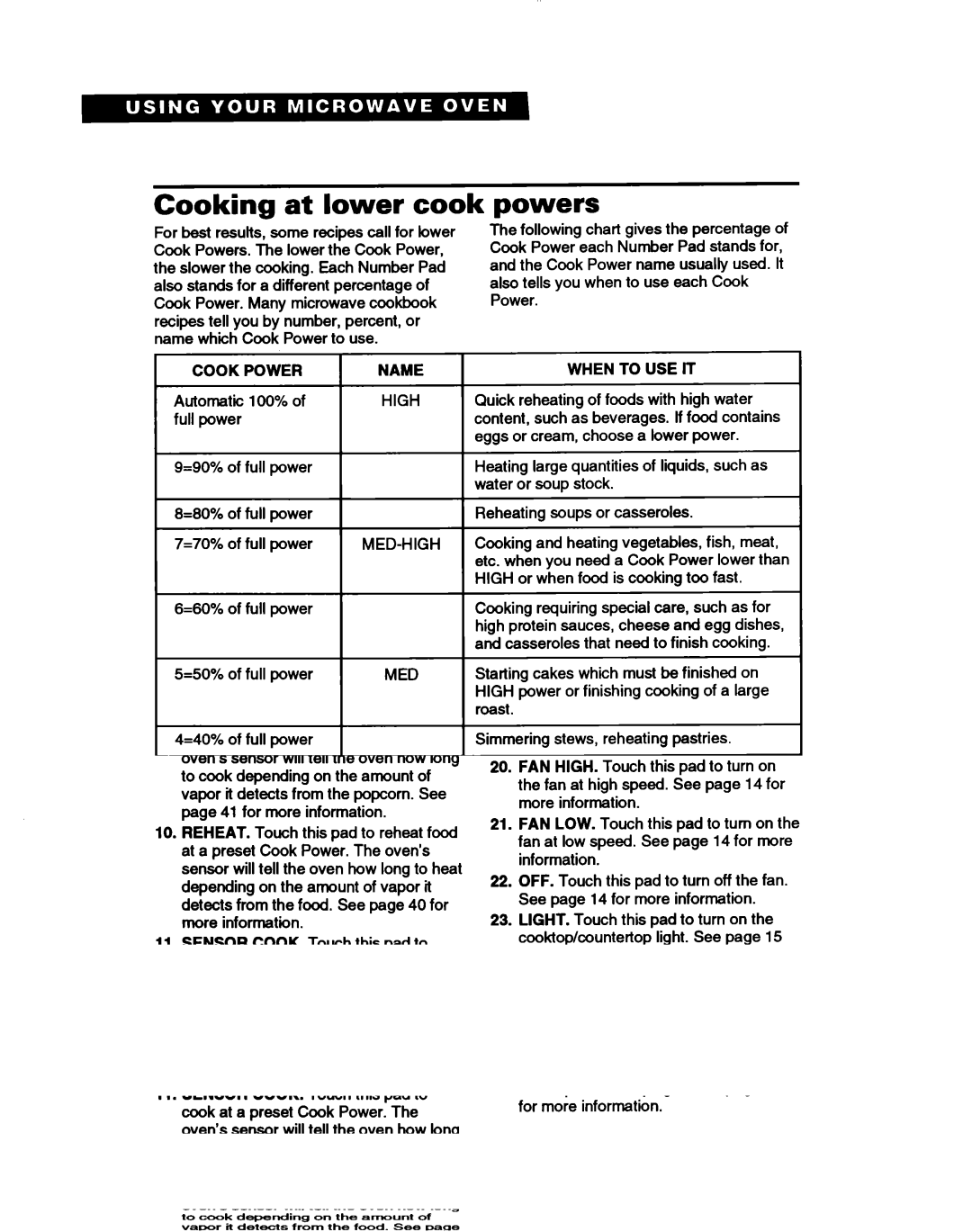 Whirlpool MH7115XB warranty Cooking at lower cook, Powers, Cook Power, Name, When to USE IT 