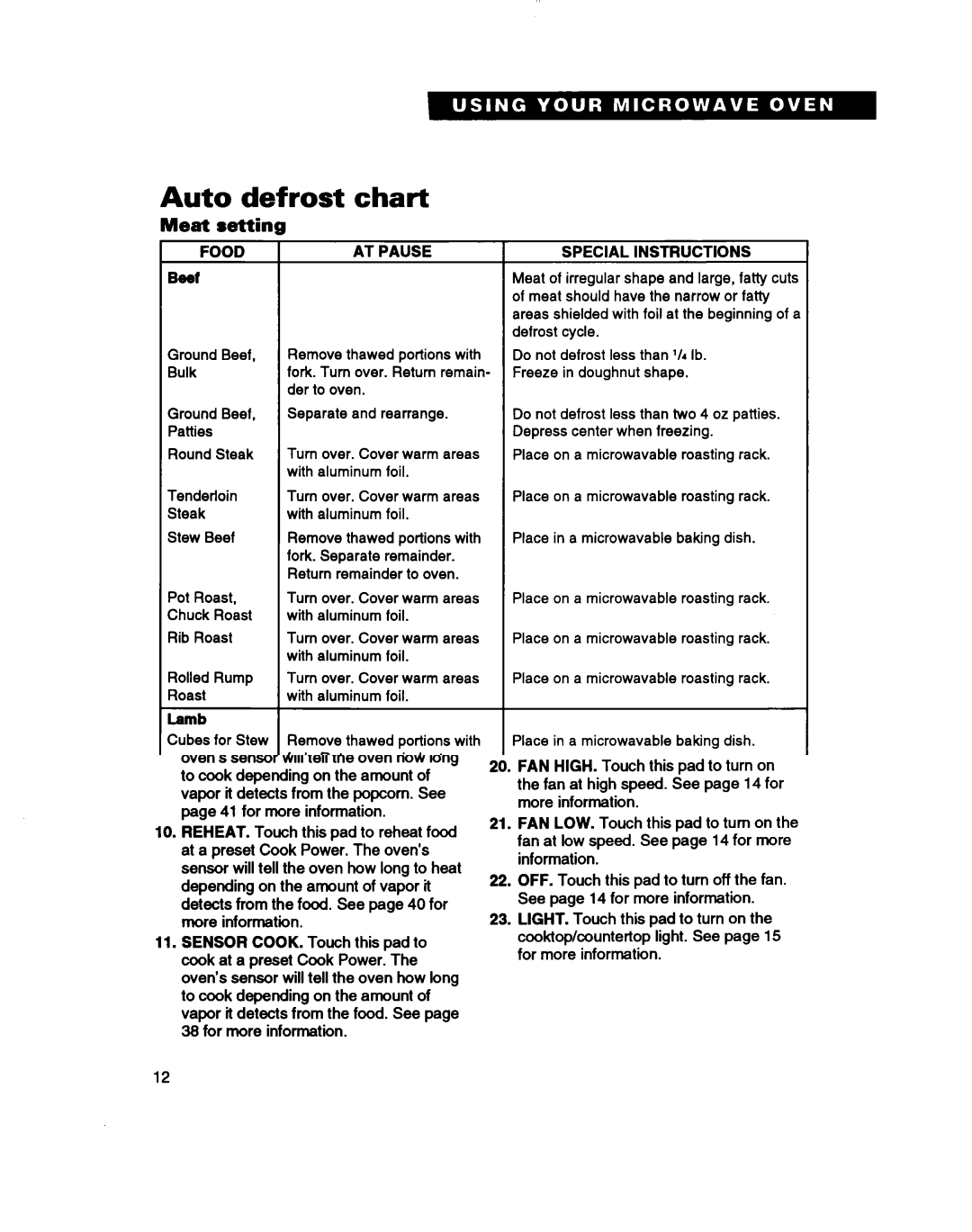 Whirlpool MH7115XB warranty Auto Defrost Chart, Meat Setting, Food, Special Instructions 