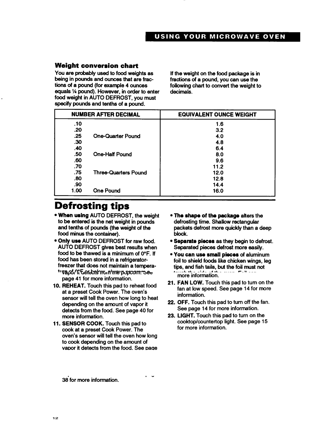 Whirlpool MH7115XB warranty Defrosting tips, Weight conversion chart, Number After Decimal, Equivalent Ounce Weight 