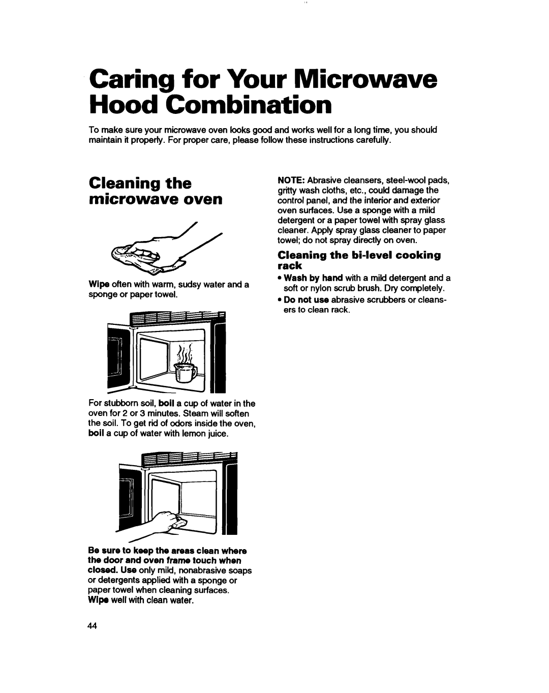 Whirlpool MH7115XB Caring for Your Microwave Hood Combination, Cleaning the microwave oven, CEJEning the bi-level cooking 