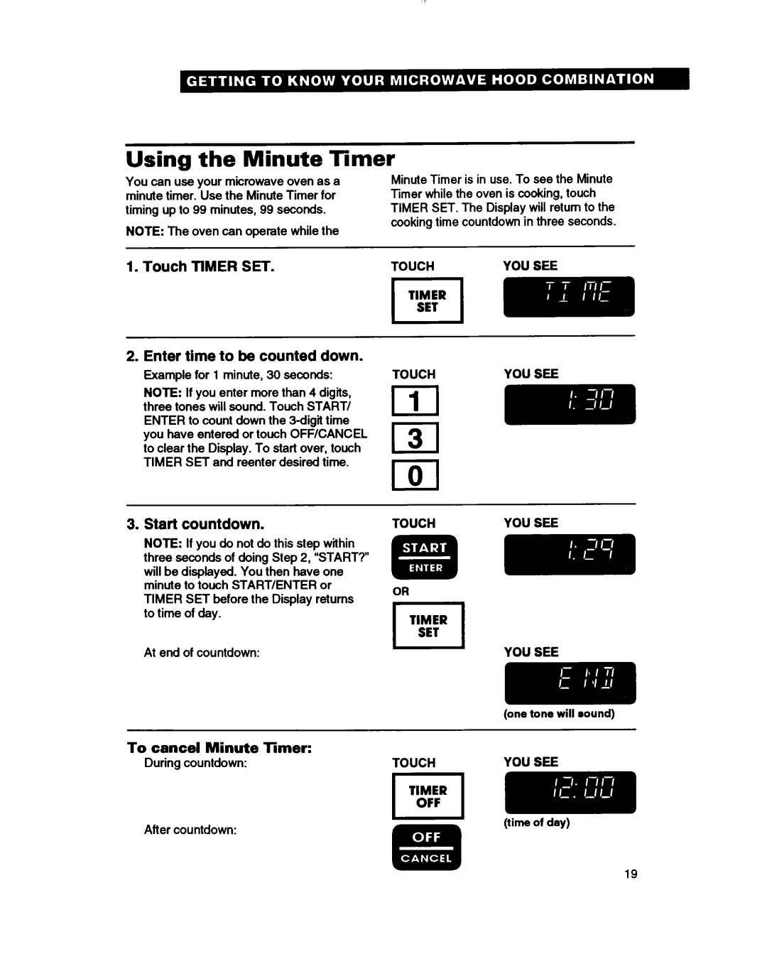 Whirlpool MH7115XB Using - the Minute Timer, Touch TIMER SET, Enter time to be counted down, Start countdown, You See 